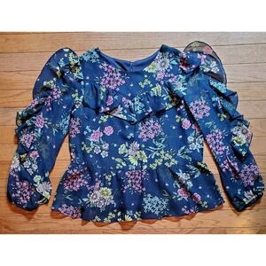 moon & stars Girls Blouse Long Ruffle Sleeves XL Navy Floral Print Chiffon NWT